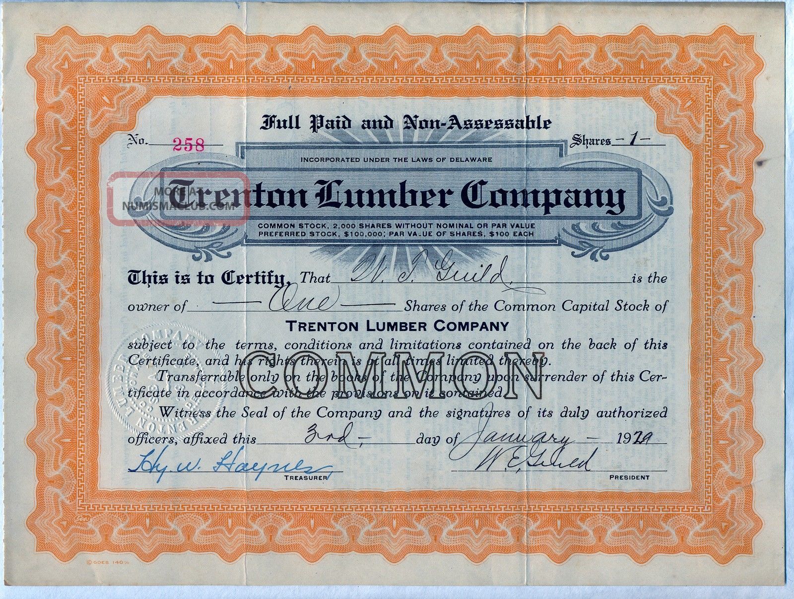 Trenton Lumber Company Stock Certificate Stocks & Bonds, Scripophily photo