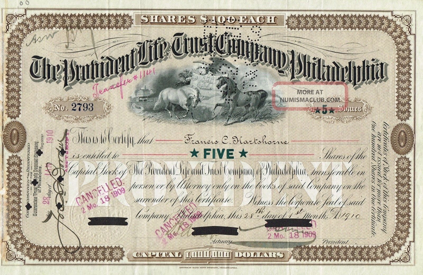 Usa The Provident Life Trust Company Stock Certificate 1910 Philadelphia World photo