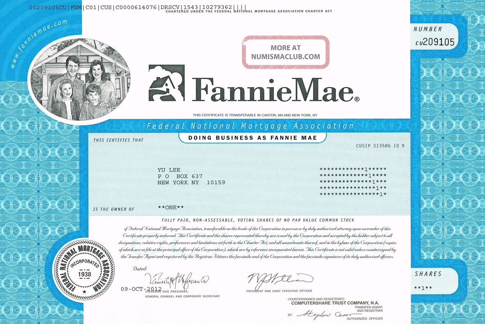 Usa Fannie Mae Stock Certificate Federal National Mortgage Association World photo
