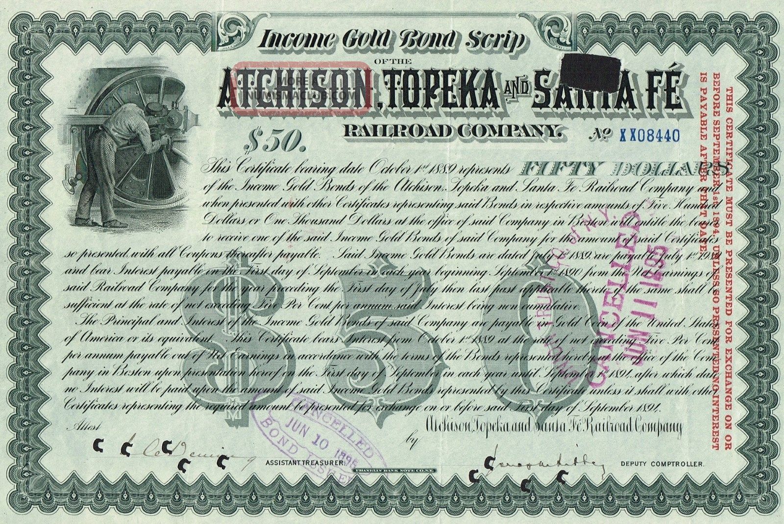 Usa Atchison Topeka & Santa Fe Railroad Company Bond Stock Certificate 1894 $50 World photo