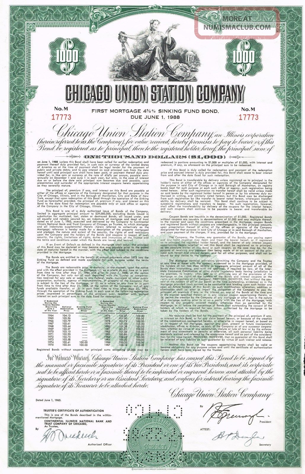 Usa Chicago Union Station Company Bond Stock Certificate World photo