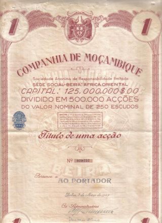Africa Bond 1949 Company Of Mozambique 1 Share Escudos 250 Beira photo