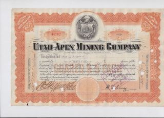 Utah - Apex Mining Company. . . . .  1922 Stock Certificate photo
