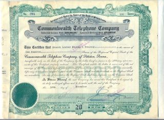 Commonwealth Telephone Company Stock Certificate Pittston Pennsylvania photo