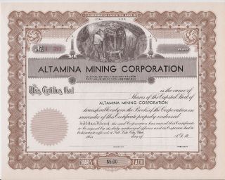 Altamina Mining Corporation. . .  Unissued Stock Certificate photo