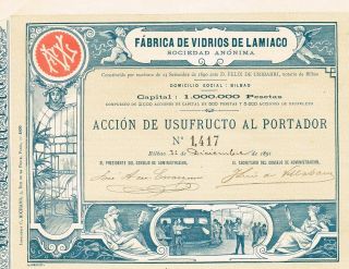 Spain Lamiaco Glass Factory Company Stock Certificate 1891 Gorgeous photo