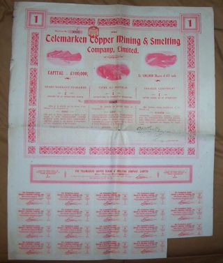 Norway 1906 Telemarken Copper Mining & Smelting Co Share £1 Coupons Uncancelled photo