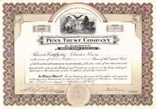Penn Trust Company Pa 1927 Stock Certificate photo