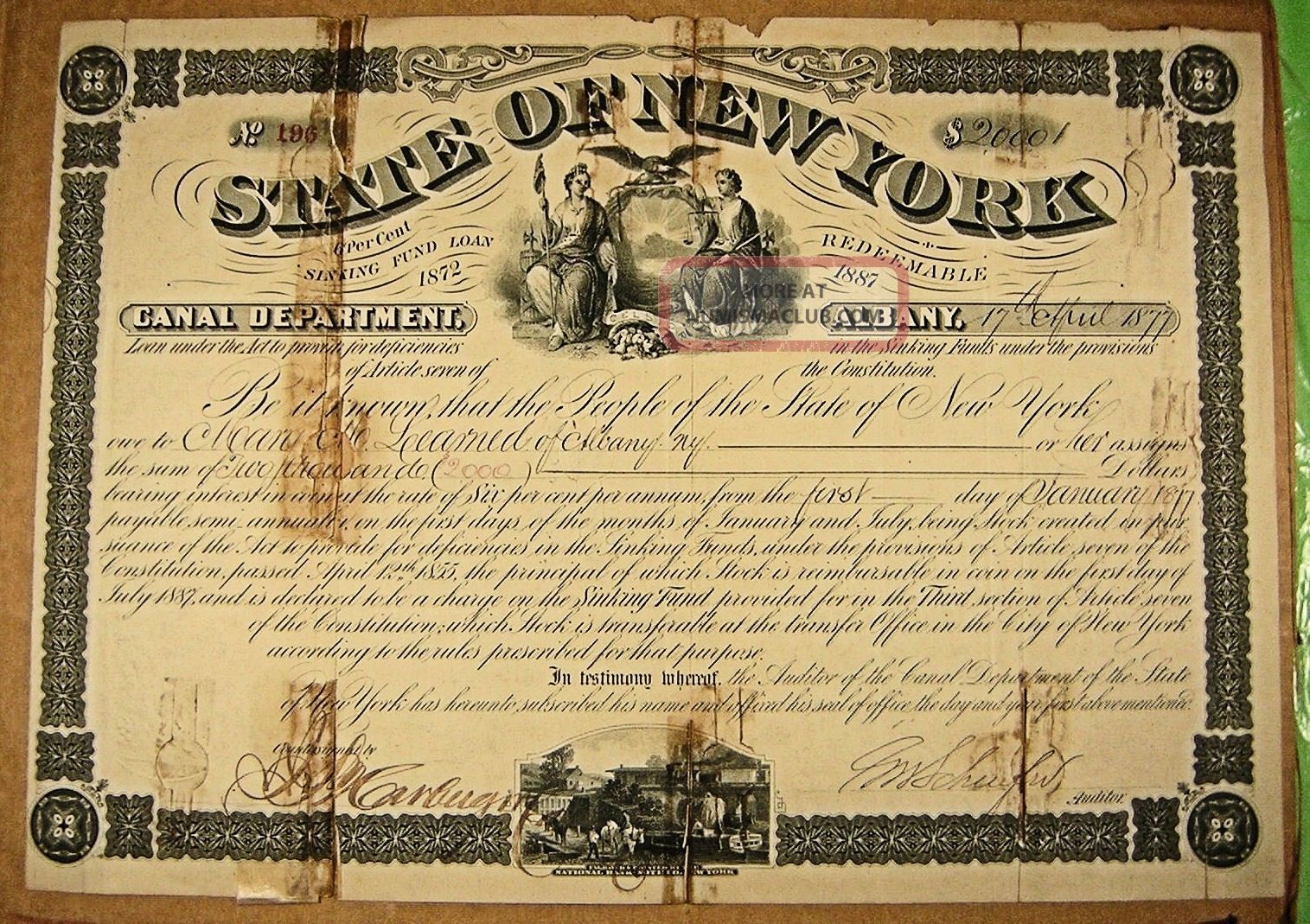 Erie Canal Bond,  State Of York,  April 17th,  1877 $2,  000.  Tape Marks Transportation photo