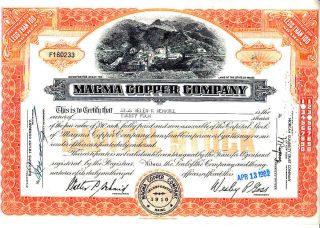 Magma Copper Company Me 1962 Stock Certificate photo