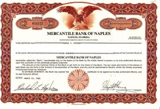 Mercantile Bank Of Naples Fl 1989 Stock Certificate photo