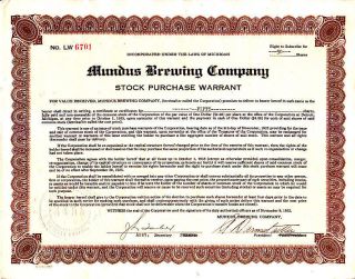 Mundus Brewing Co Mi 1932 Stock Warrant Certificate photo