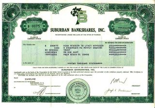 Suburban Bankshares,  Inc.  Fl 1985 Stock Certificate photo