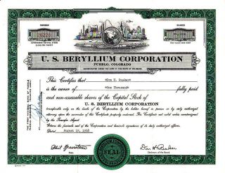 U.  S.  Beryllium Corp.  Co 1968 Stock Certificate photo