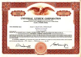 Universal Lithium Corporation 1961 Stock Certificate photo