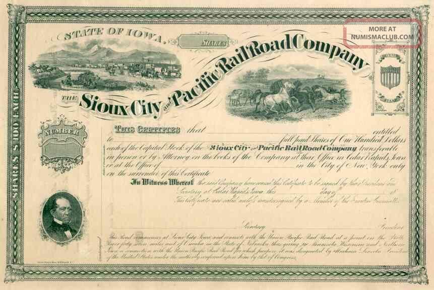 18 Sioux City Pacific Rr Stock Certificate 18 Sioux City Pacific Rr Stock Certificate