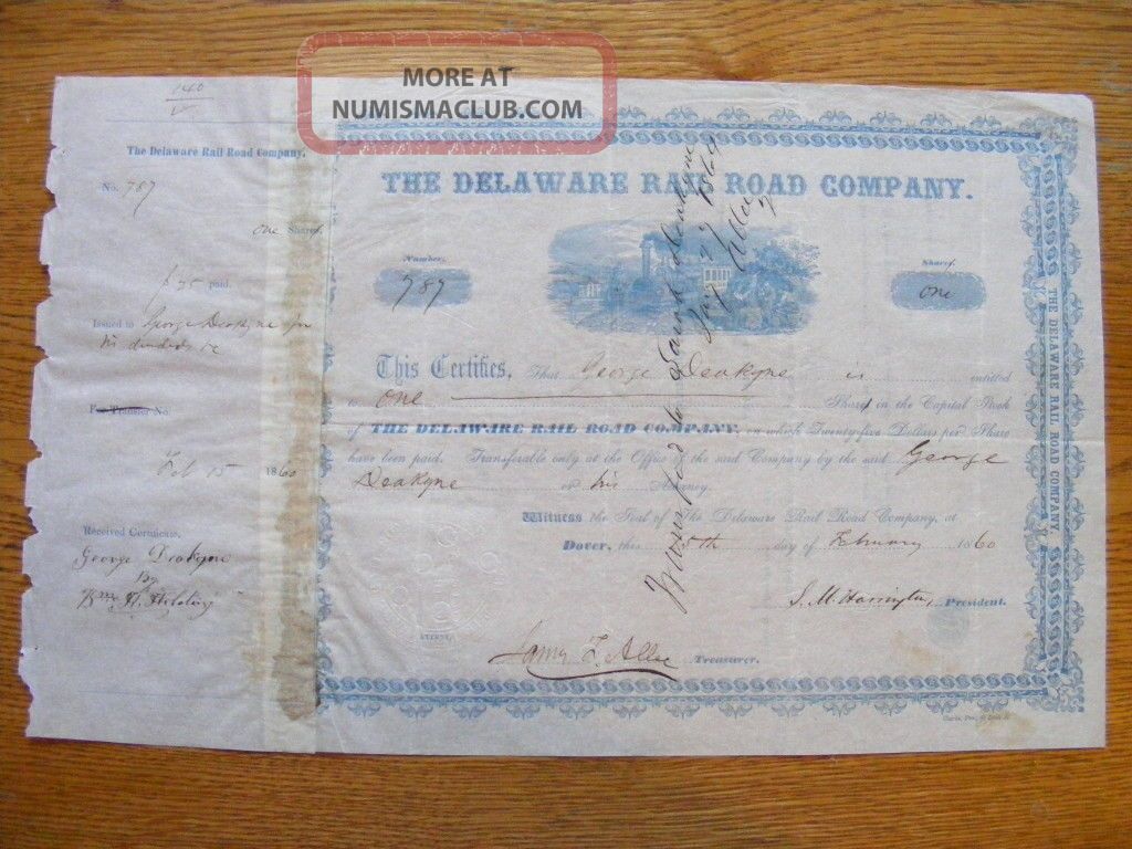 1860 Delaware Railroad Company Stock Cert. Transportation photo