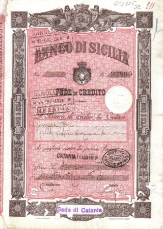 Kingdom Of Italy 1917 Bond Banco Sicilia Deco photo