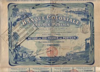 France 1907 Bank Banque Colonial & Public 100 Fr Top Deco Uncancelled Coup photo