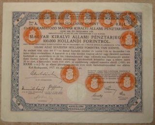 Kingdom Of Hungary 5% Bond For 100000 Dutch Guilders Holl.  Gulden 1917 +coupon photo