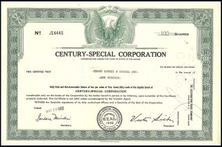 1962 Delaware Vintage Century - Special Corporation 100 Shares Stock Certificate photo