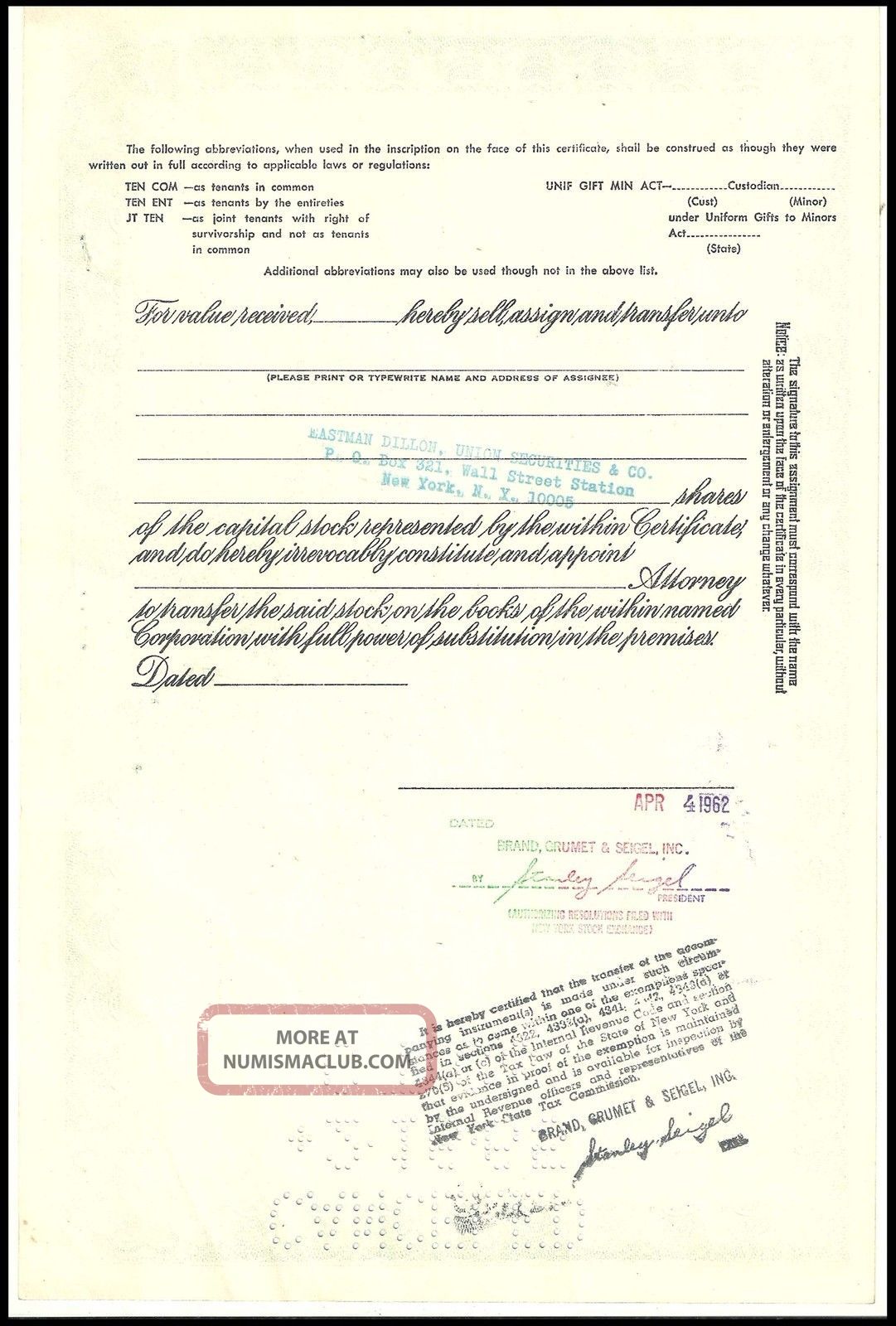 1962 Delaware Vintage Century Special Corporation 100 Shares Stock