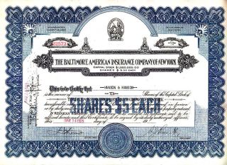 Baltimore American Insurance Ny 1929 Stock Certificate photo