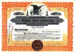 Butler Iron Company Il 1919 Stock Certificate photo