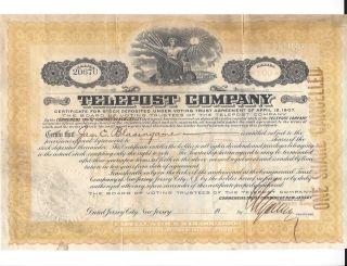 Telepost Company. . . . . . .  1913 Certificate For Stock Deposit photo