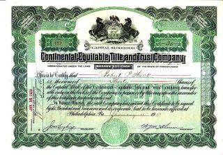 Continental Equitable Title And Trust Co Pa 1929 Stock Certificate photo