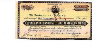 Brunswick Consolidated Gold Mining Company Ca 1912 Stock Certificate photo