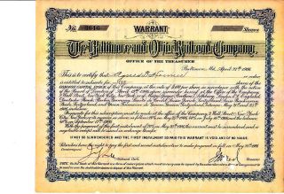 Baltimore And Ohio Railroad Company Md 1906 Stock Warrant Certificate photo