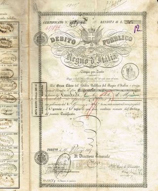 Kingdom Of Italy Public Debt Bond Stock Certificate 1865 photo
