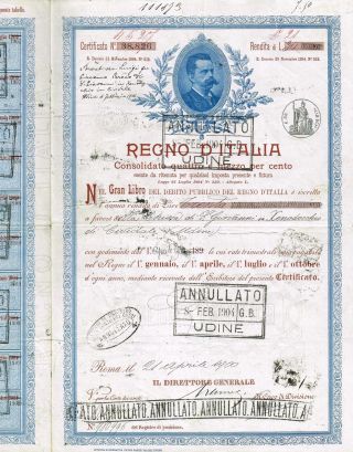 Kingdom Of Italy Public Debt Bond Stock Certificate 1900 photo