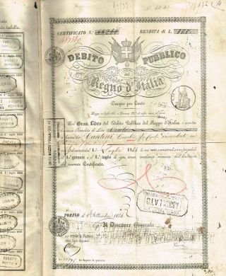 Kingdom Of Italy Public Debt Bond Stock Certificate 1864 photo