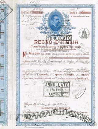 Kingdom Of Italy Public Debt Bond Stock Certificate 1899 photo