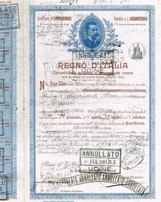 Kingdom Of Italy Public Debt Bond Stock Certificate 1899 photo
