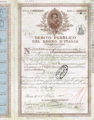 Kingdom Of Italy Public Debt Bond Stock Certificate 1886 photo
