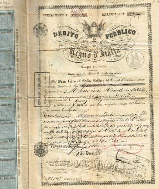 Kingdom Of Italy Public Debt Bond Stock Certificate 1869 photo