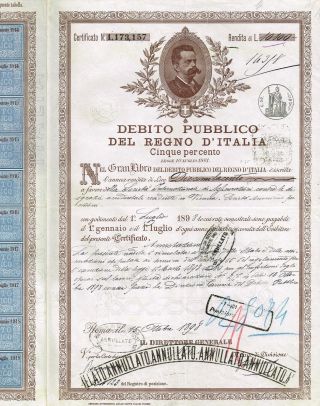 Kingdom Of Italy Public Debt Bond Stock Certificate 1898 photo