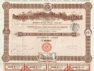Italy Railway Company Stock Certificate 1905 Midi De I ' Talie photo