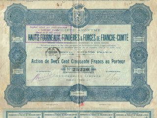 France Blast Furnaces & Founderies Of Franche Comte Stock Certificate 1913 photo