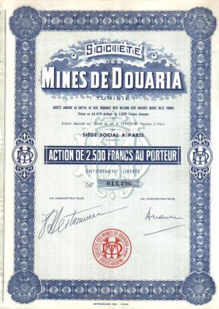 Africa Tunisia Iron Mines Of Douaria Company 2.  500 Francs Uncancelled Coup Deco photo