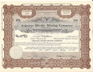 Argonne Divide Mining Company (nevada). . . . .  1920 Stock Certificate photo