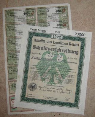 Germany Deutsches Reich German Treasury Bond 2nd Em.  20.  000 Mark With Coupons photo