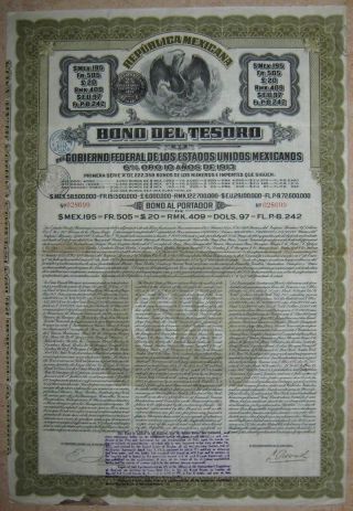 Mexico Republica Mexicana Bono Del Tesoro £20 Series A Gold Bond 1913 +coupons photo