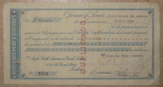 Peru Banco Del Peru Y Londres Certificate £10 Issued 1923 photo