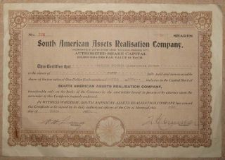 South American Assets Realisation Company Share Certificate photo