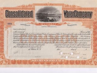 Consolidated Water Company (utica,  Ny). . . . .  Unissued Stock Certificate photo