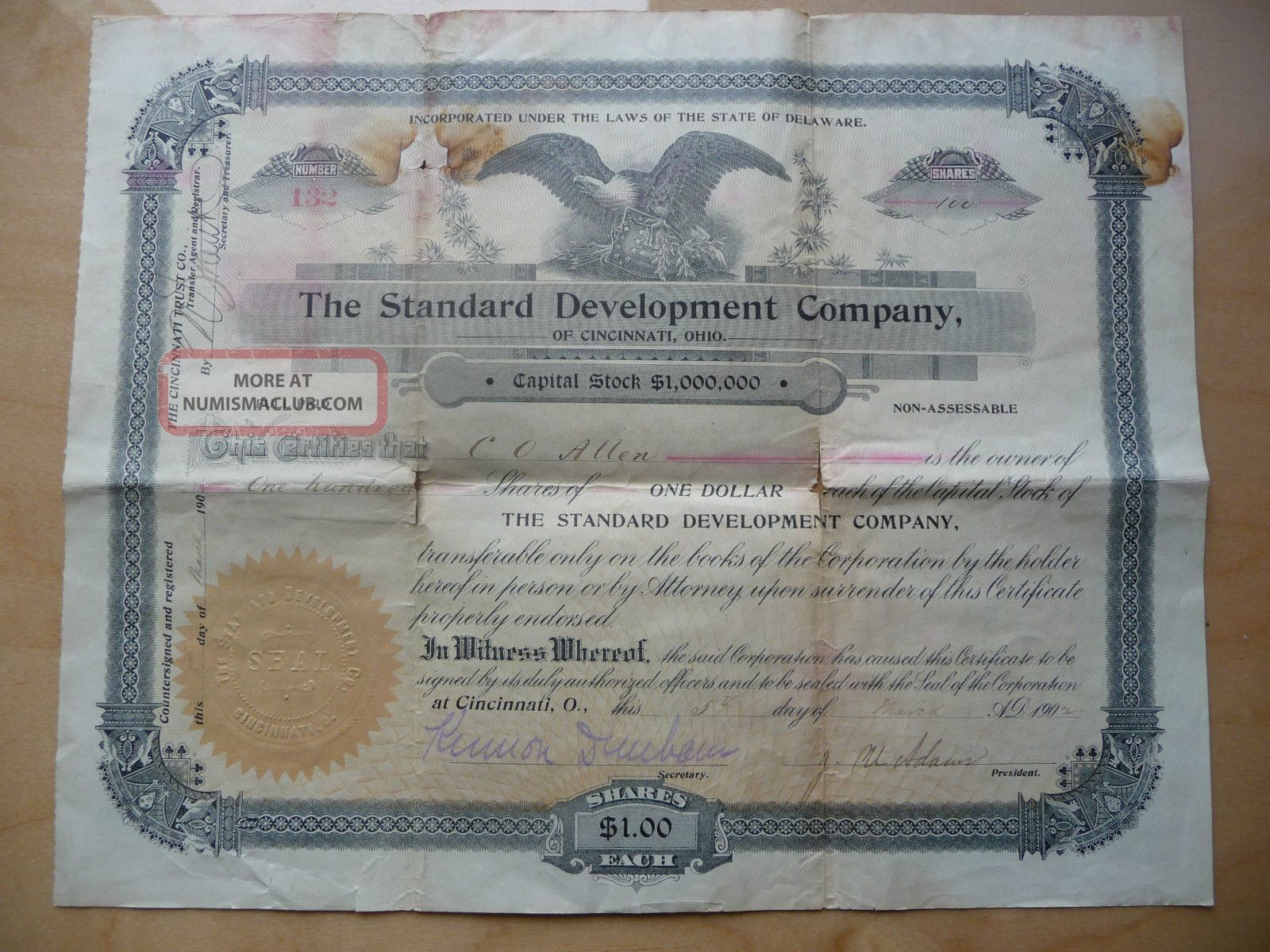 Antique 1902 The Standard Development Company Stock Certificate